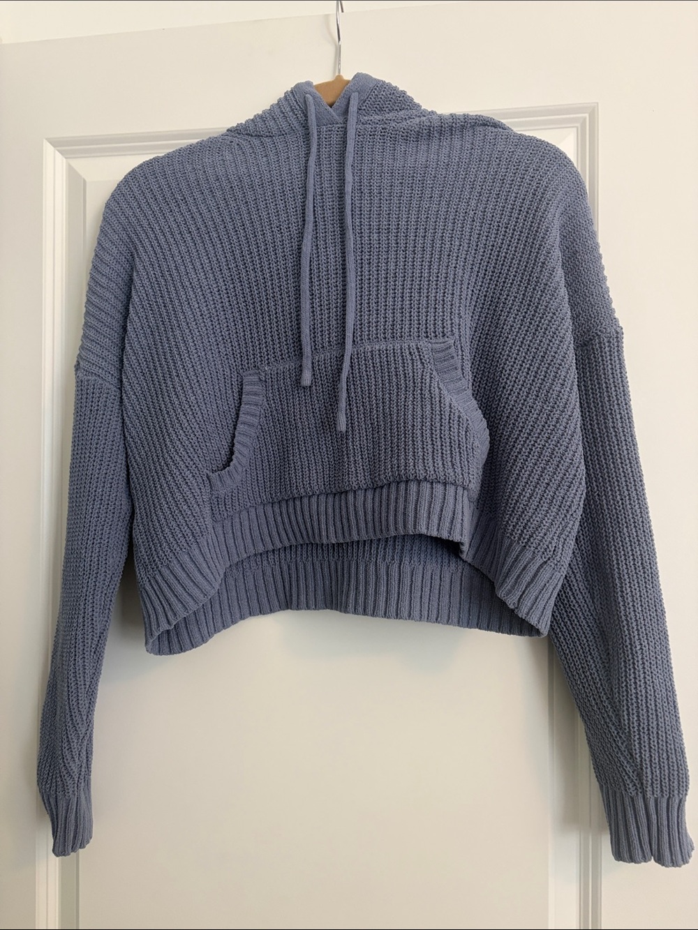 Hippie Rose Cropped Knit Hoodie in Dusty Blue